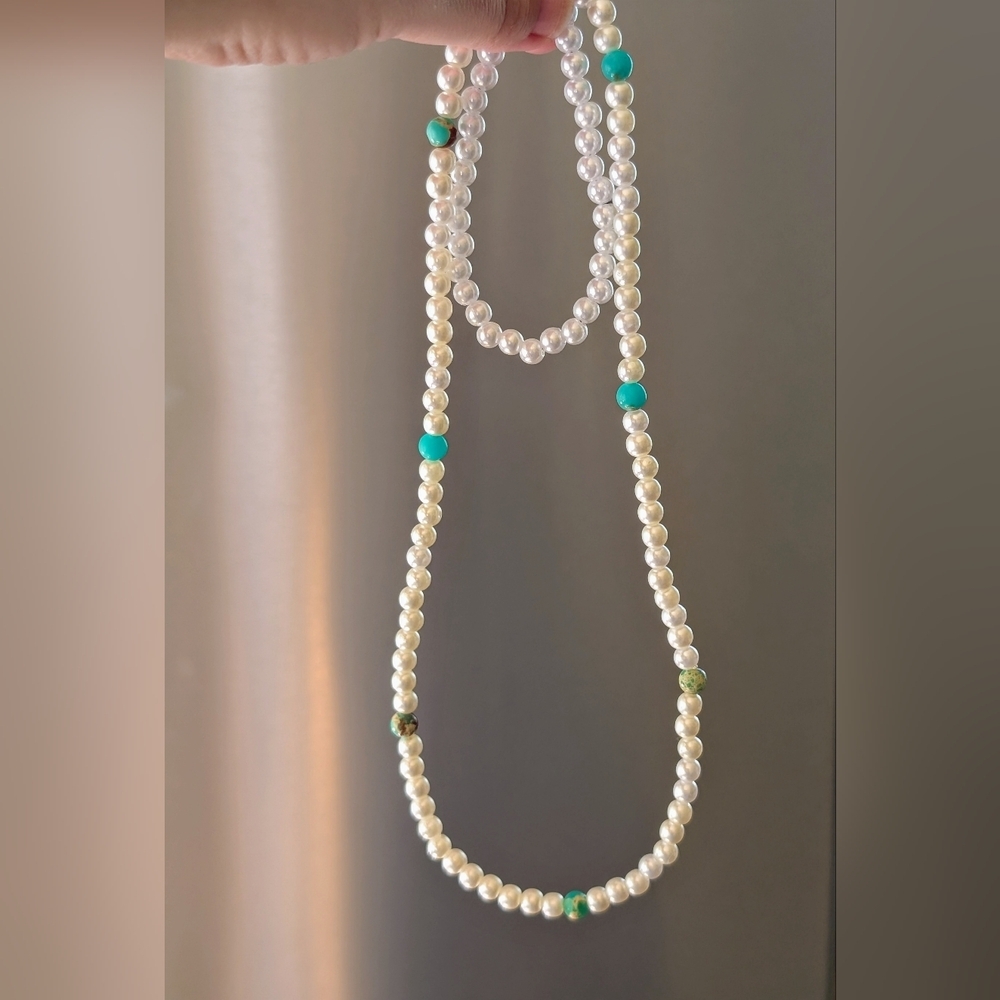 Faux Pearl and Turquoise Necklace With Matching Bracelet (Stretchy)